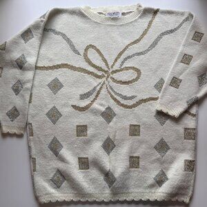 Vintage Off White Gold Silver Metallic Geometric Bow Knit Sweater  sz XL